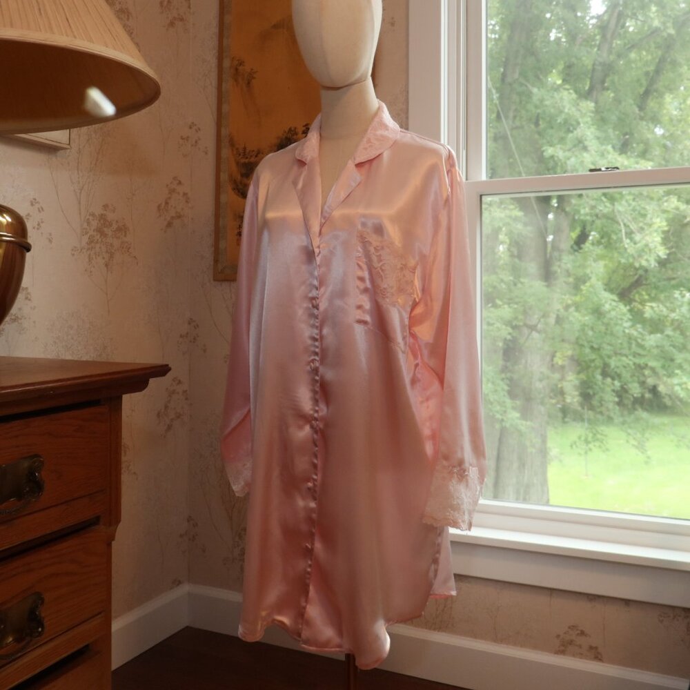 Vintage Women's Button Down Pink Long Sleeve Night Shirt By Hidden Fantasies